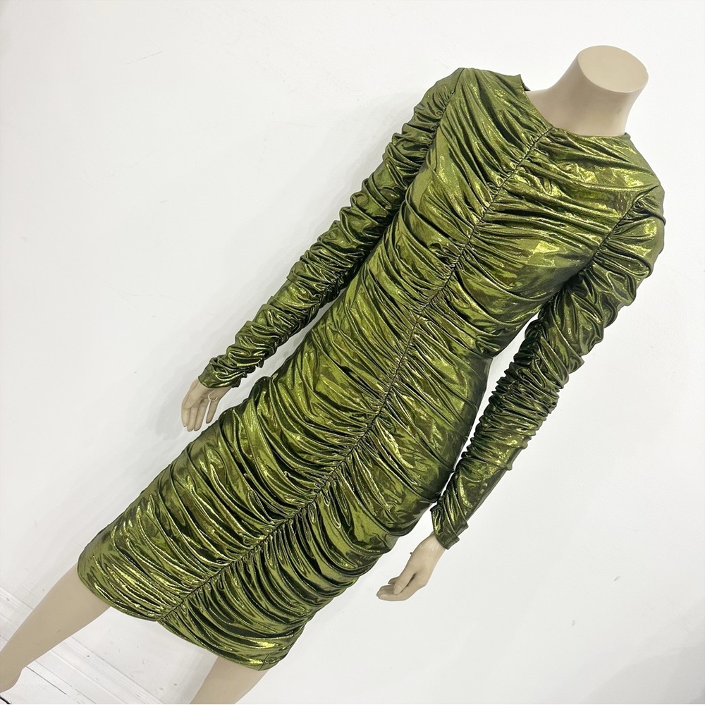 Liquid green ruched ELLE VOLVE fitted dress with long sleeves. Size S. - Picture 3 of 10
